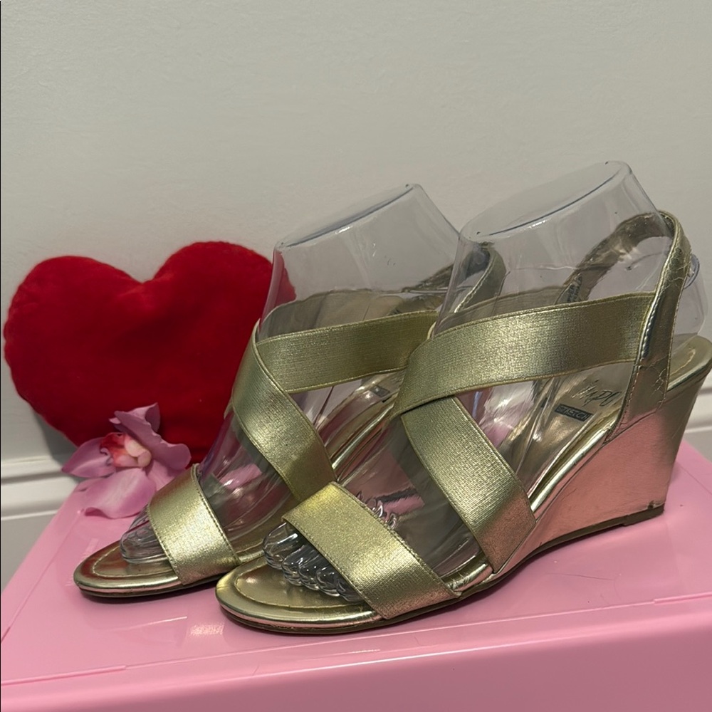 Gold Metallic Wedge Sandals with Crisscross Straps